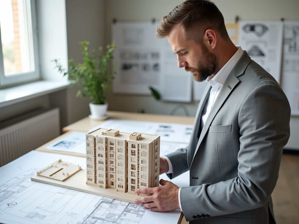 A businessman examining a scale model of a building alongside architectural plans on a desk.