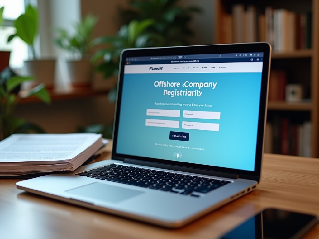 Laptop on desk displaying website for offshore company registration, surrounded by plants and books.