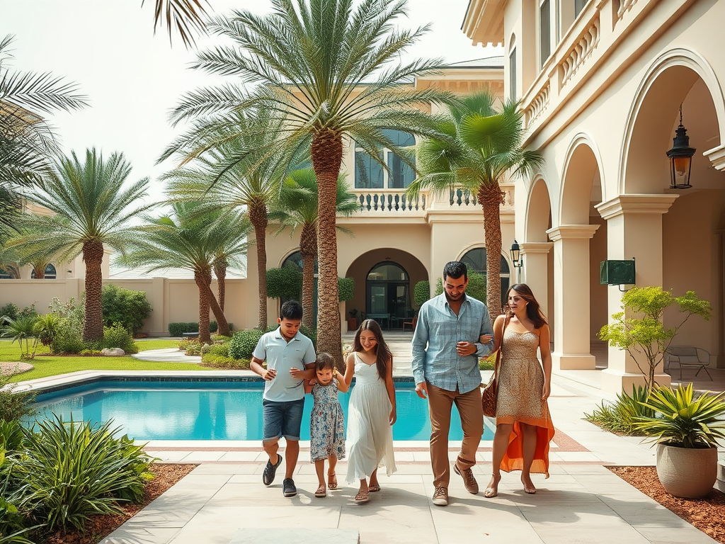 A family of five walks happily by a swimming pool surrounded by palm trees and a luxurious home.