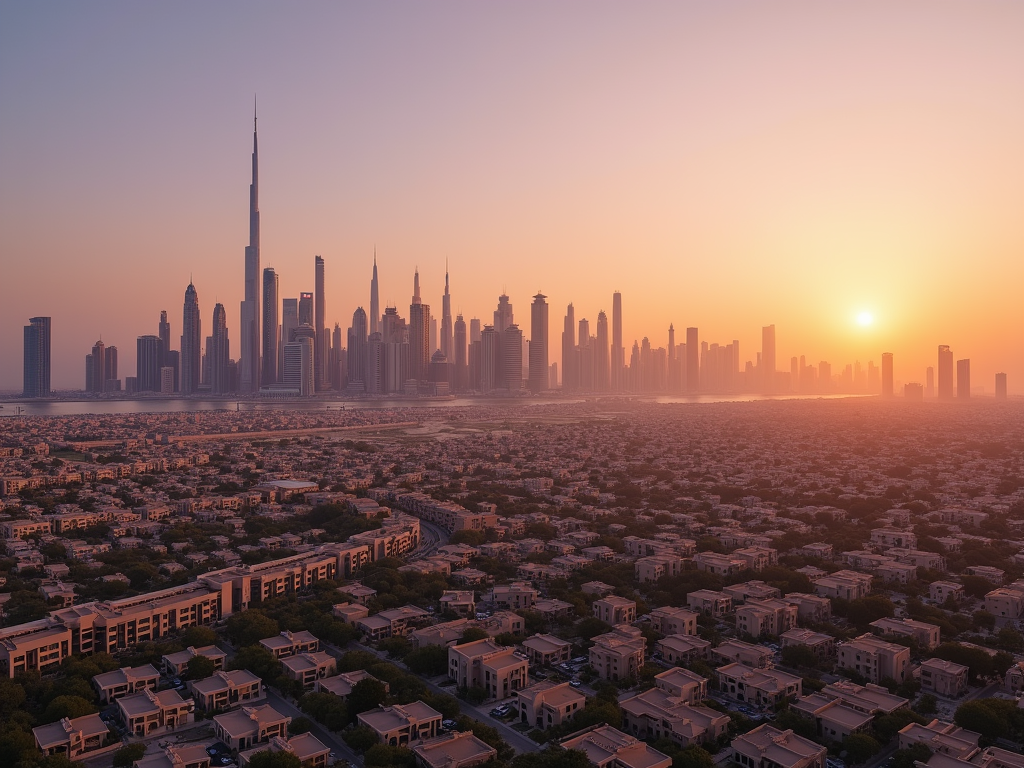 Sunset over a sprawling city skyline with towering skyscrapers and residential areas.