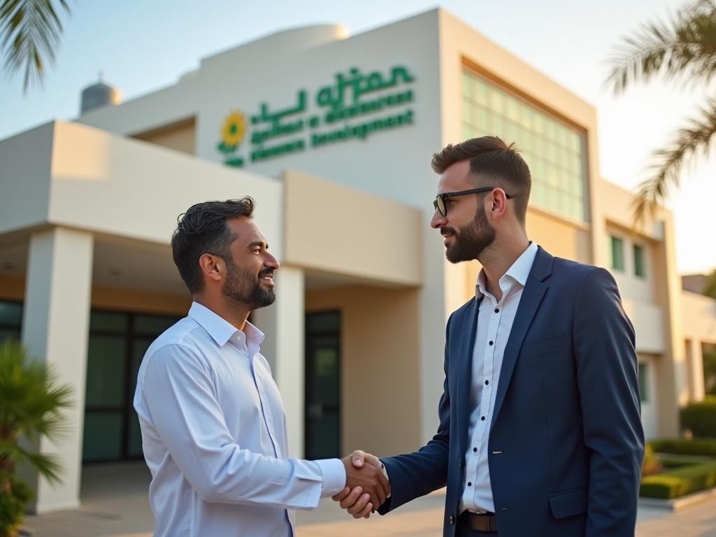 Two businessmen shaking hands in front of an office building.