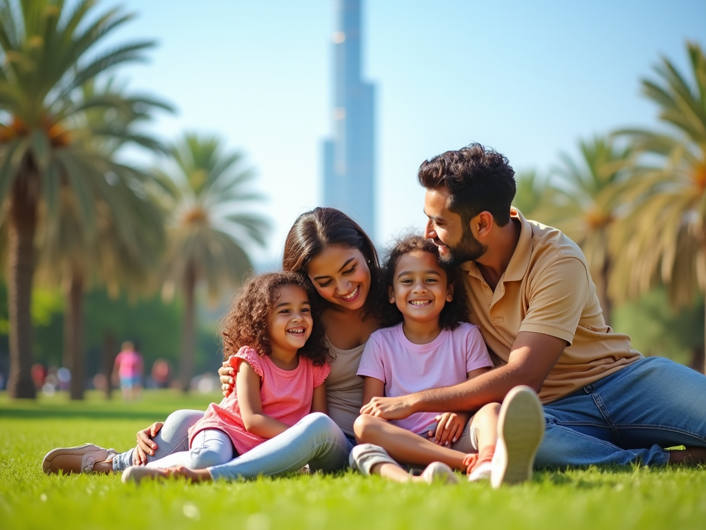 Family enjoying a sunny day in the park with tall palm trees and modern skyscraper in the background.