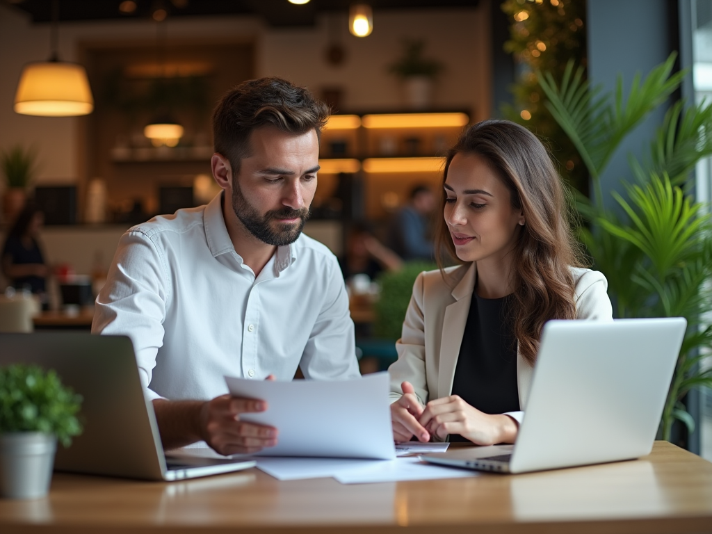 Two professionals, a man and a woman, reviewing a document and a laptop in a busy cafe.