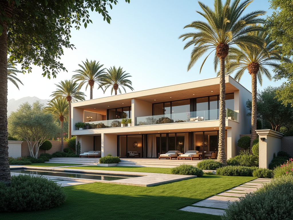 A modern house with large windows, surrounded by palm trees and a well-maintained garden featuring a pool.