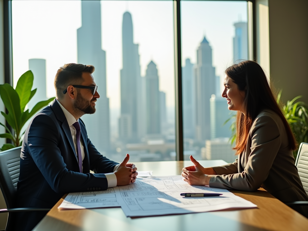 Two professionals discussing over documents in a high-rise office with cityscape view.