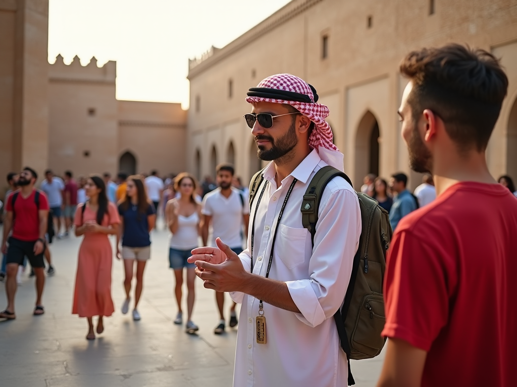 Man in traditional headscarf conversing with another in a bustling, sunlit courtyard.