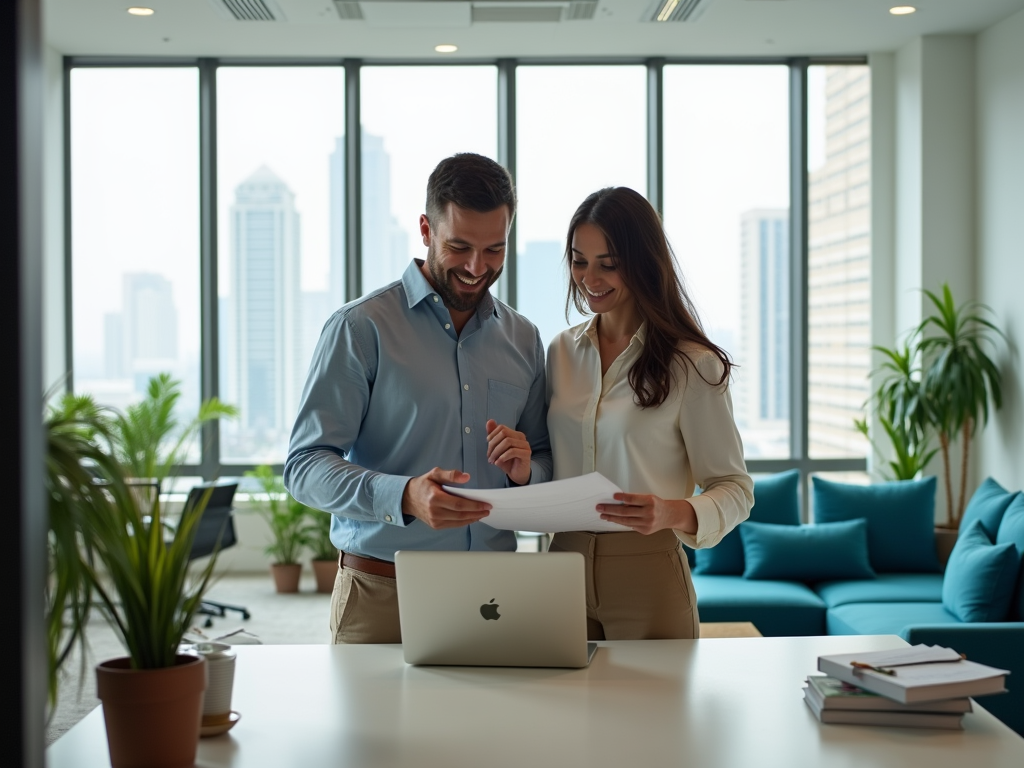 Two professionals discussing a document in a modern office with cityscape view.