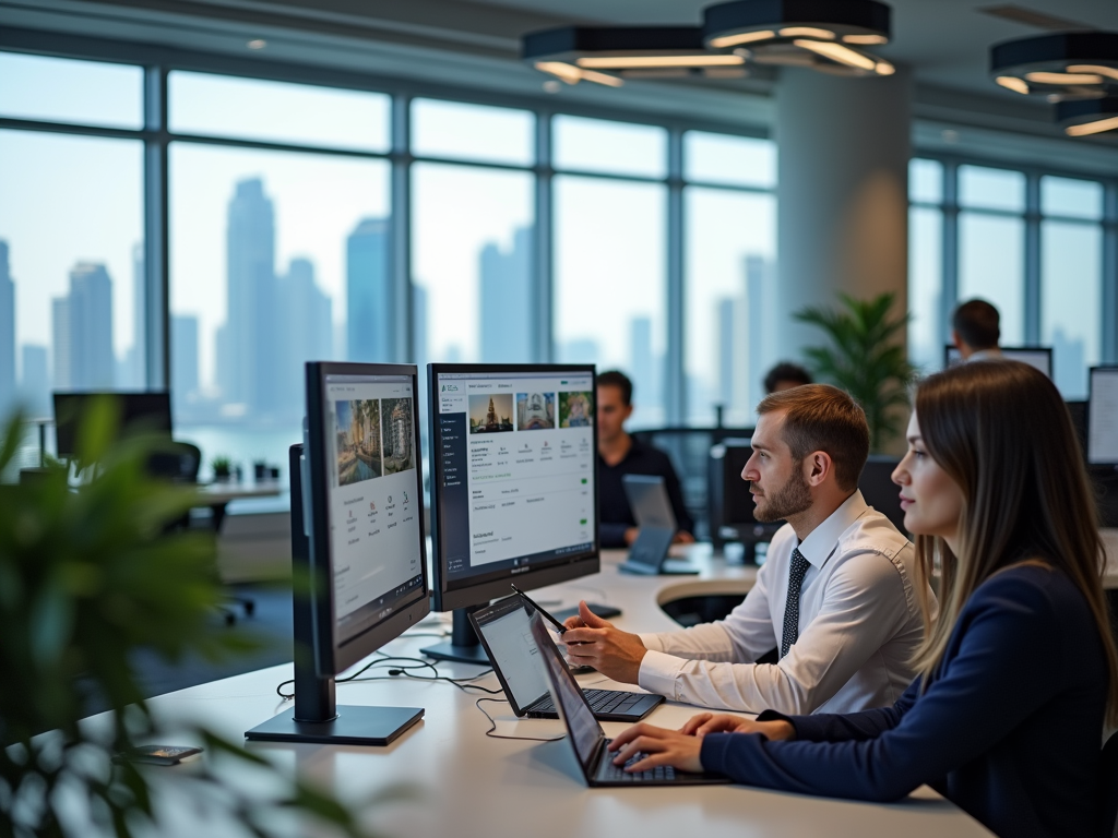 Two professionals work at computers in a modern office with city skyscrapers visible through large windows.