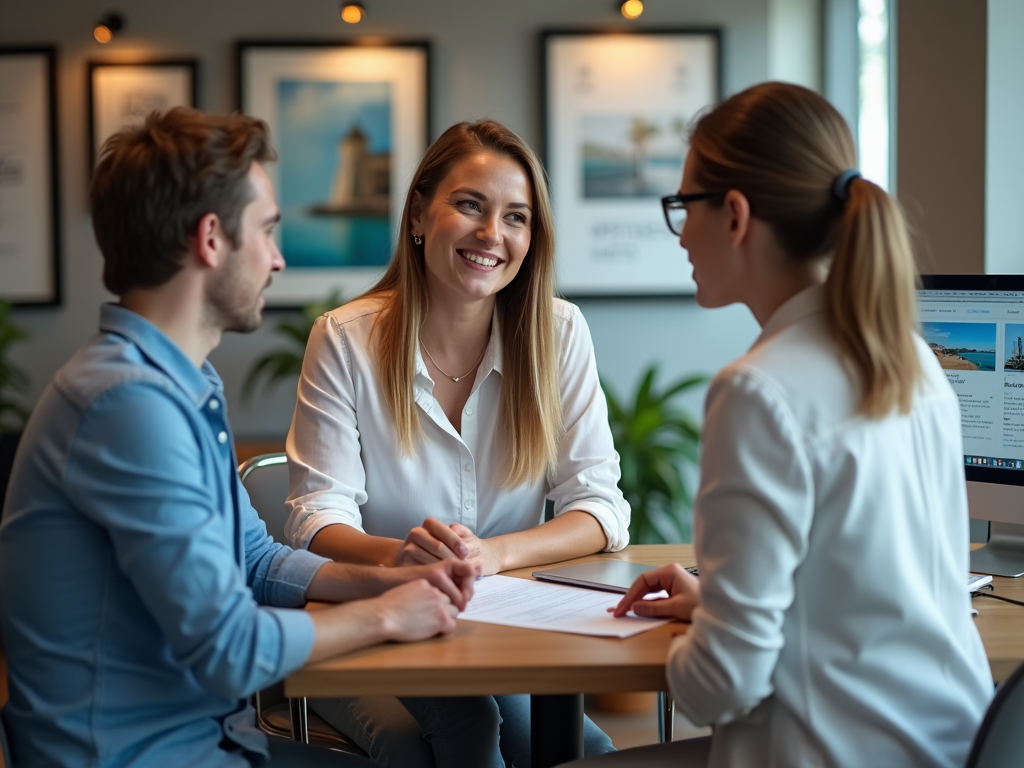 Three professionals, one man and two women, discussing documents at a table in a modern office.