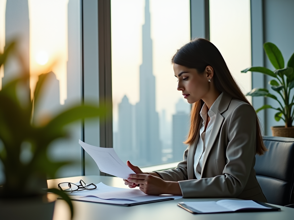 Woman in business attire reads documents in office with city skyline at sunset.