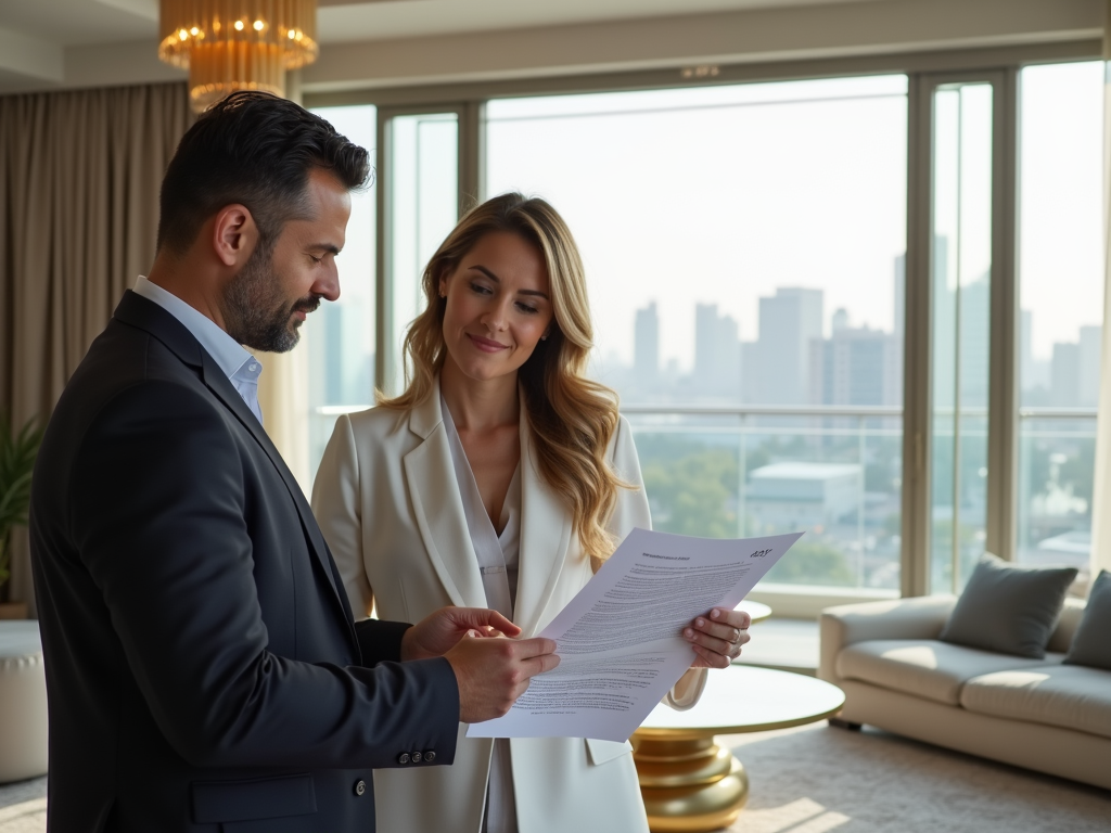 A man and a woman review documents together in a modern office with a city skyline in the background.