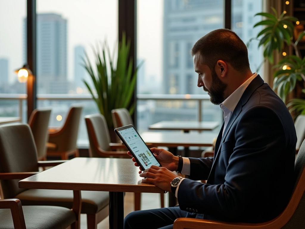 Bearded man in suit using tablet in a high-rise office lounge overlooking the city.