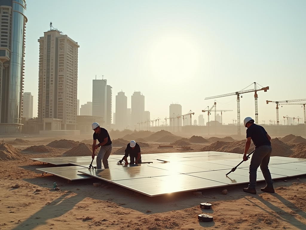 Workers installing large solar panels on a construction site with city skyscrapers and cranes in the background.