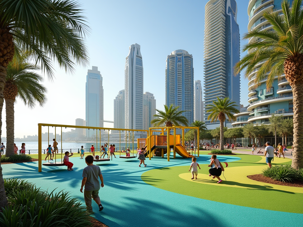 A vibrant playground filled with children playing, surrounded by skyscrapers and palm trees by the water.