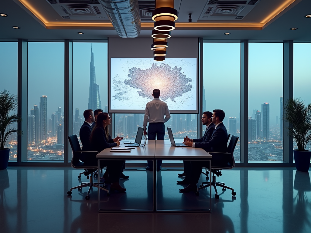 A business meeting is taking place in a high-rise office with a city skyline view, as a presenter stands before a screen.