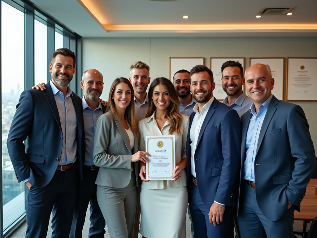 Group of eight professionals smiling, holding a certificate in an office setting.