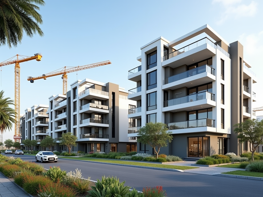 Modern residential apartment buildings with a construction crane, palm trees, and a clear blue sky.