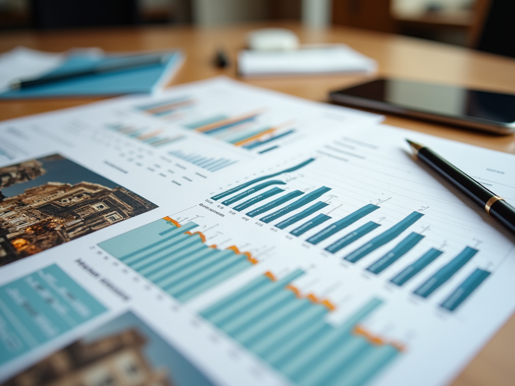 Documents with graphs and charts on a desk, showing data analysis and financial metrics, with a pen and smartphone nearby.