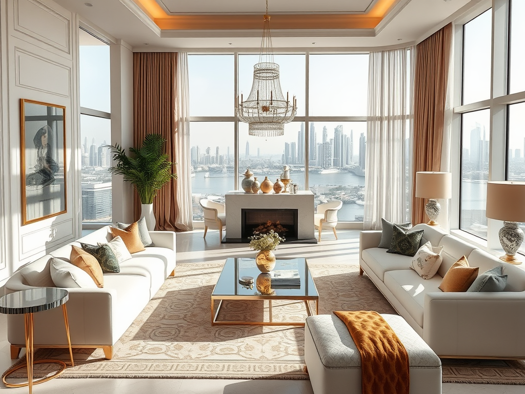 Luxurious living room with large windows, elegant furniture, and stunning views of the city skyline and water.