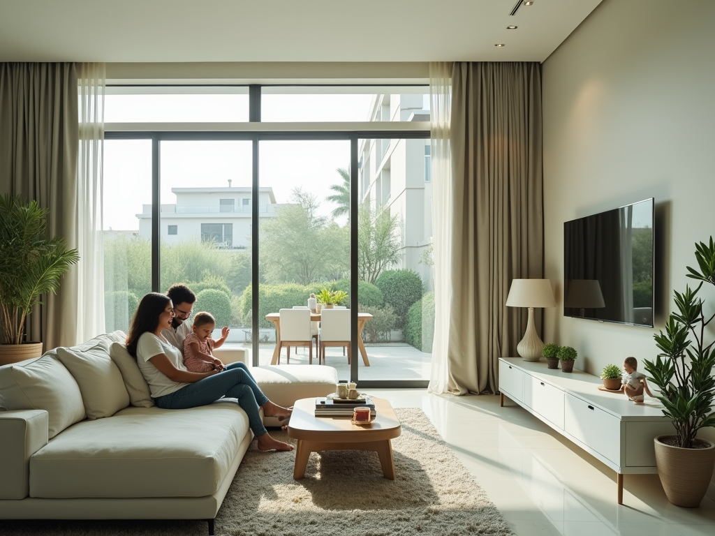 A family enjoys time together in a bright living room with large windows and modern decor.