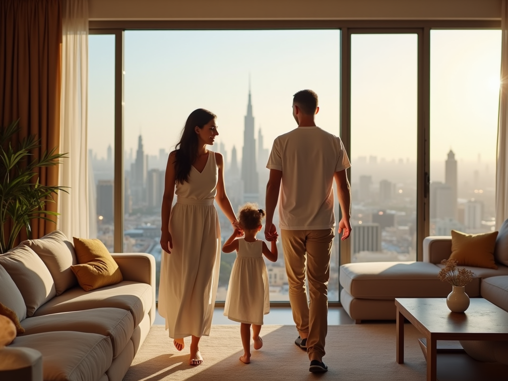 A family walks hand in hand towards a large window, showcasing a city skyline at sunset.