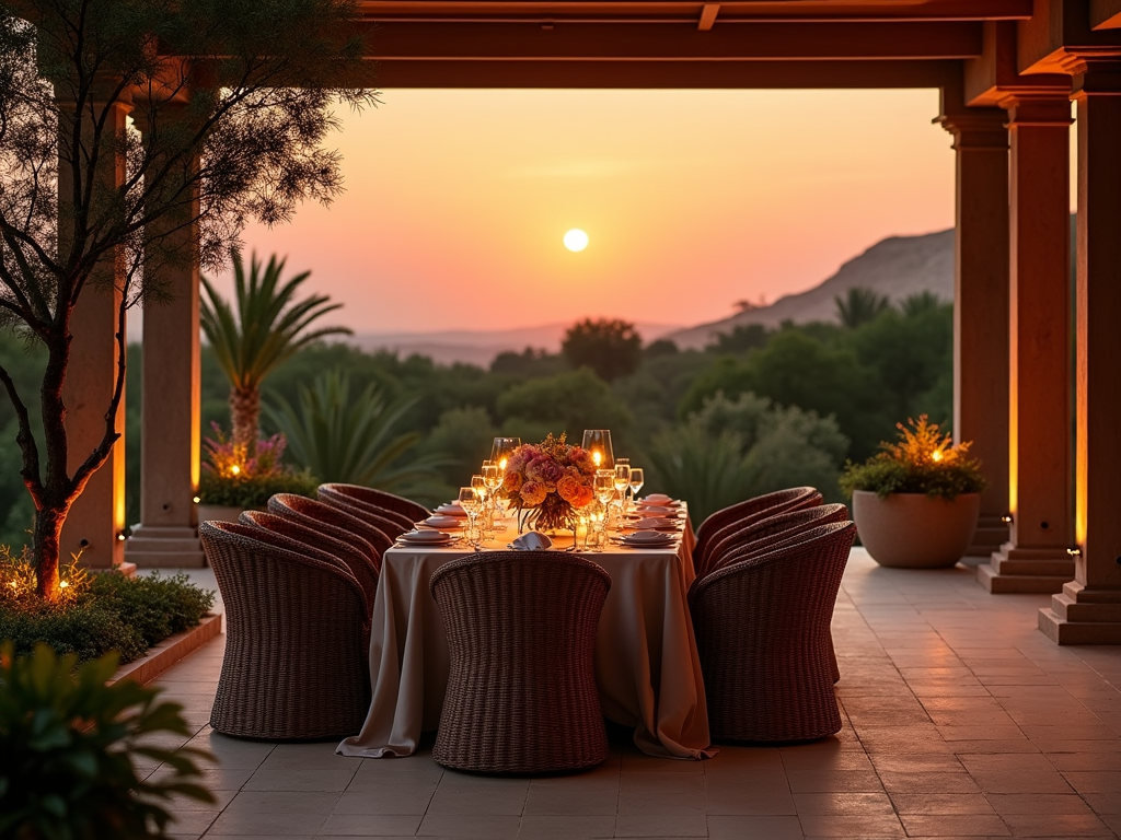 A beautifully set outdoor dining table with flowers, overlooking a sunset with lush greenery in the background.