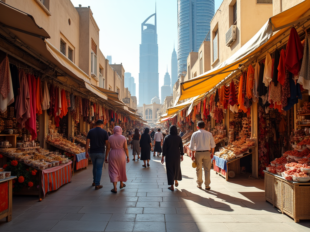 A bustling market street with colorful fabric stalls and shoppers, set against a skyline of tall buildings.