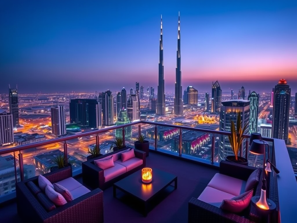 A stunning sunset view of Dubai's skyline from a stylish rooftop terrace with cozy seating.