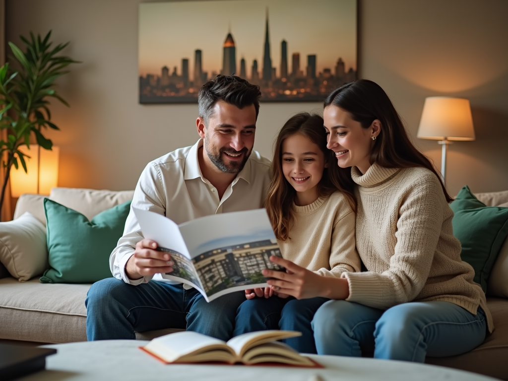 Family looking at a photo album together on a sofa in a cozy living room.