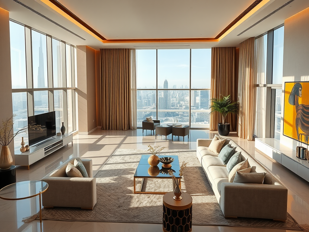 A luxurious living room with large windows showcasing a city skyline and modern furnishings in soft colors.