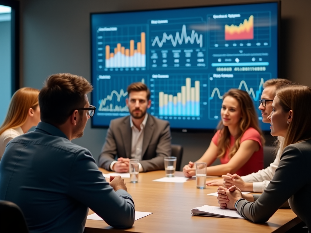 Professionals in a meeting room discussing charts and data displayed on screens.