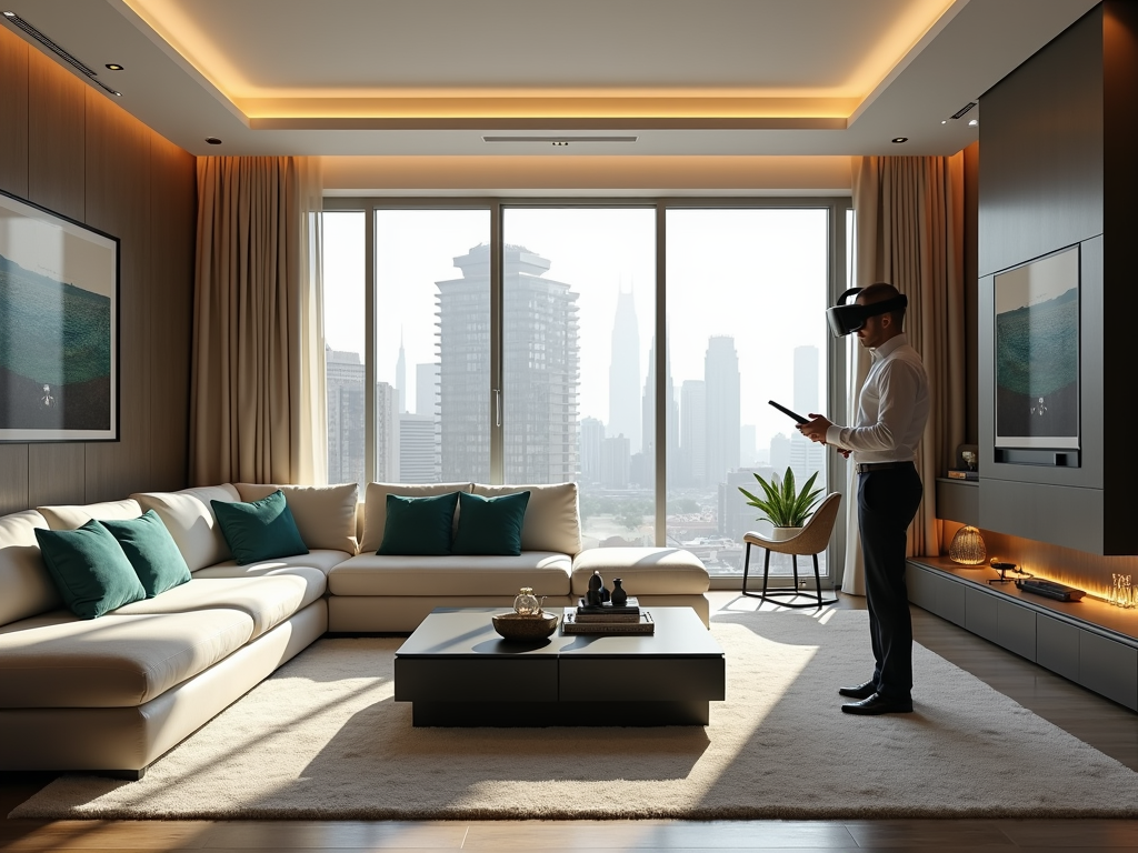 A man wearing a VR headset stands in a modern living room with city skyline views, holding a device.