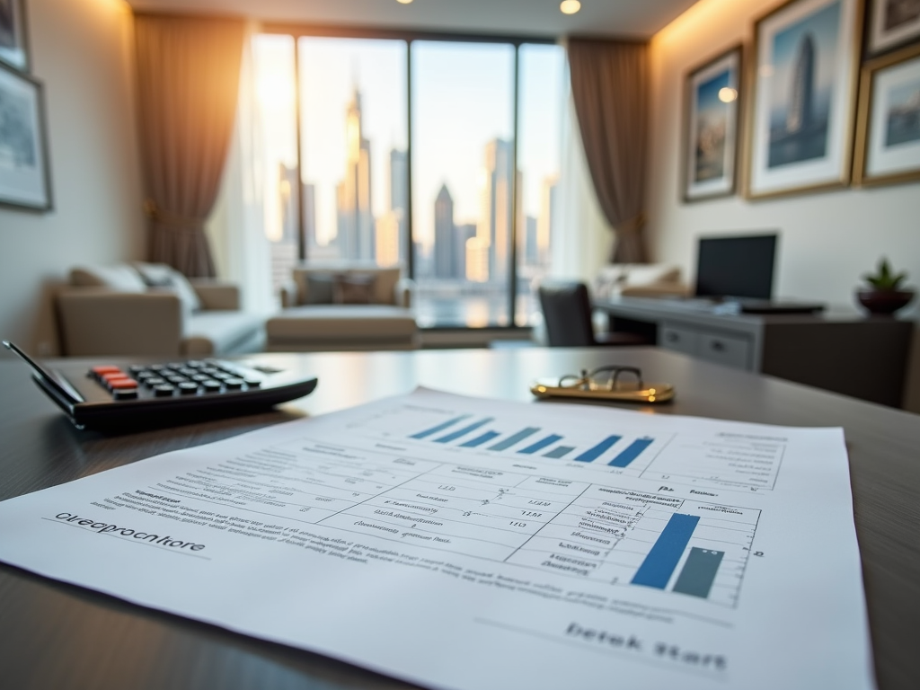 Financial document with graphs on a table in a modern office with city view.