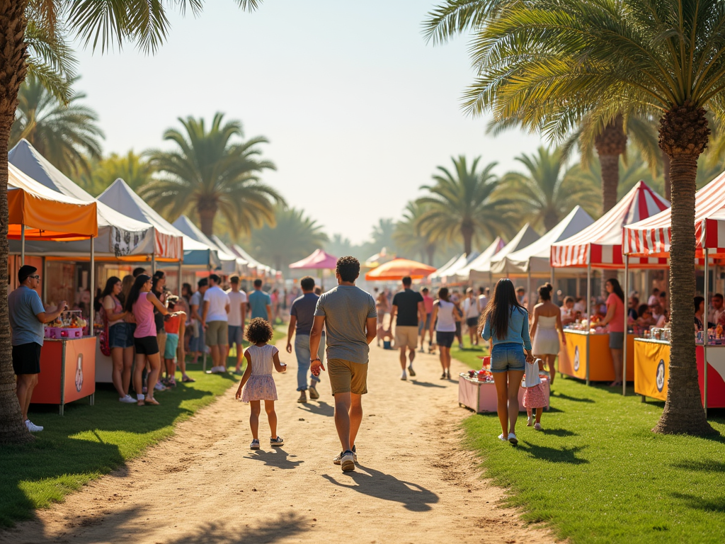 A sunny market pathway with families walking among colorful vendor tents and palm trees.