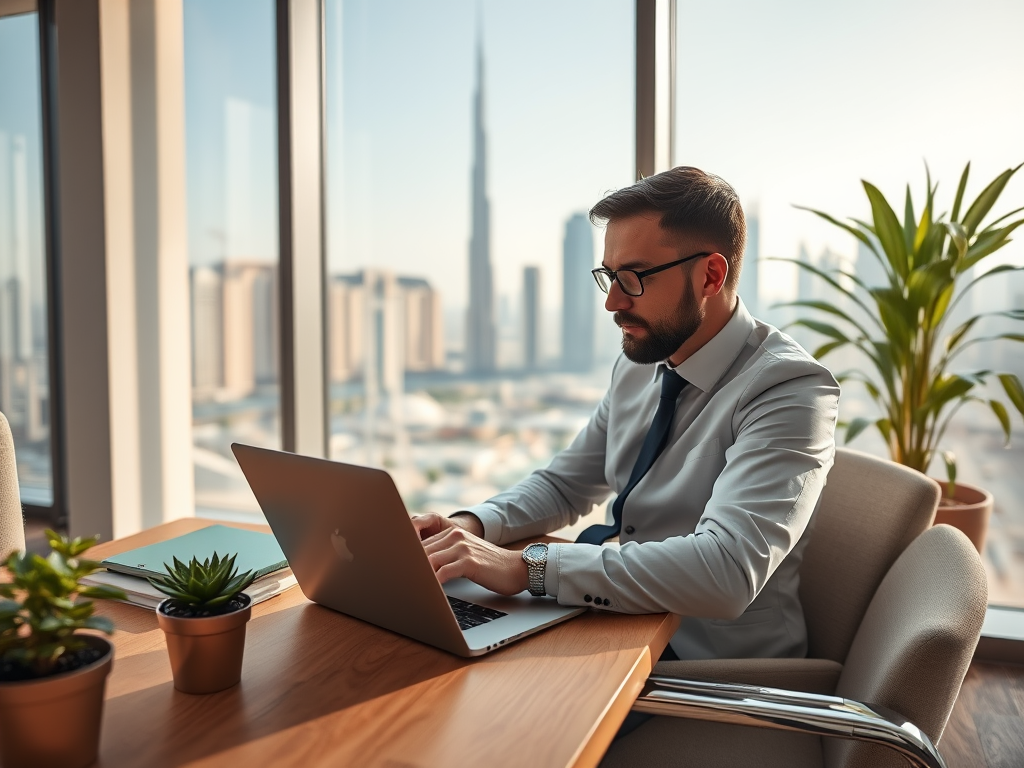 A businessman in a suit works on a laptop at a desk with plants, overlooking a city skyline from a high-rise office.