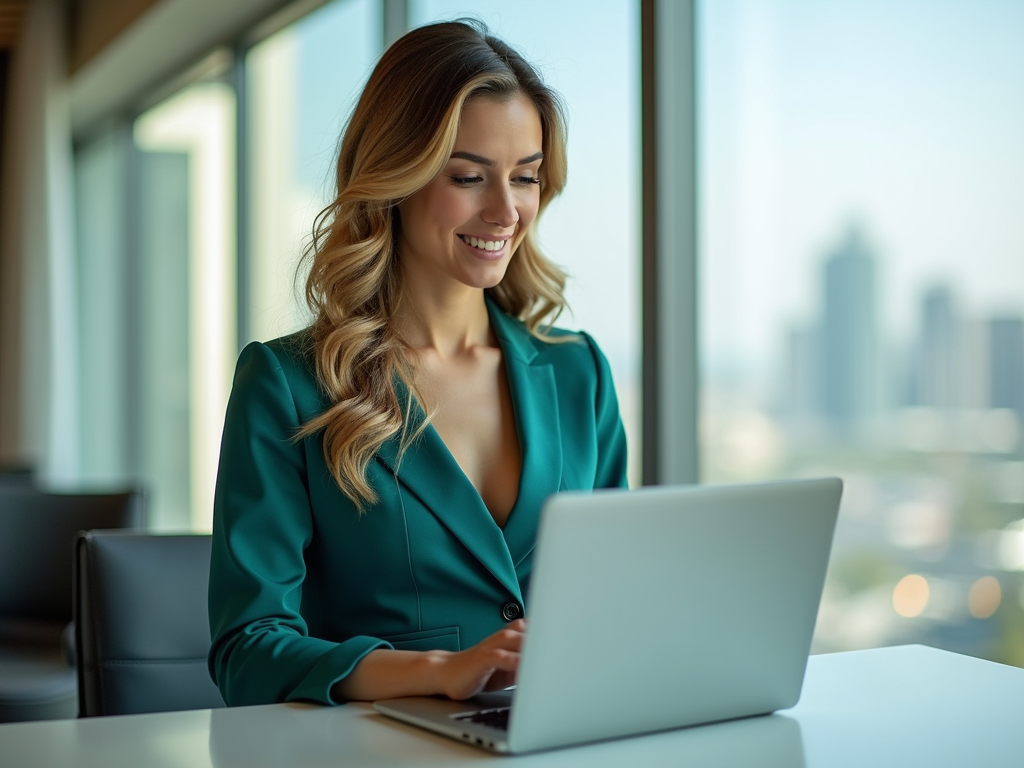 Smiling woman in a teal blazer working on a laptop near a window with cityscape.