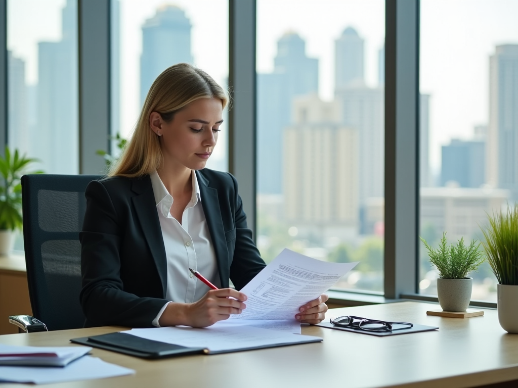 Businesswoman reviewing documents at desk with cityscape in background.