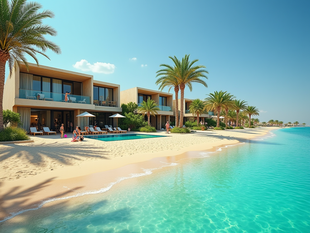 A serene beach scene with palm trees, modern villas, and people enjoying the sun by the turquoise water.