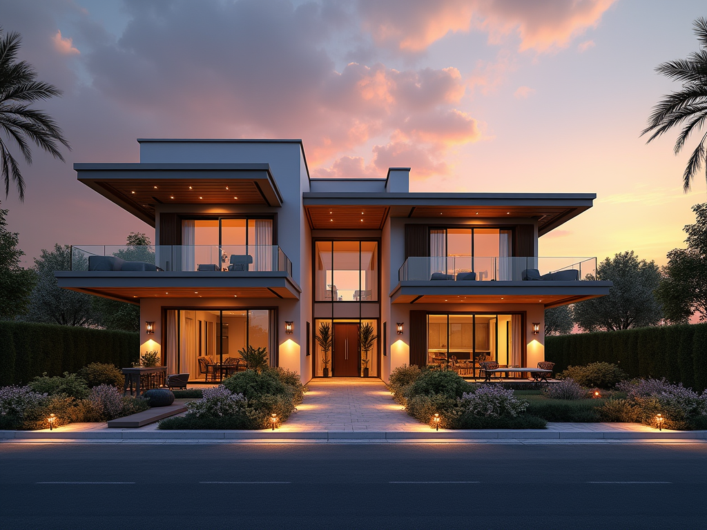 Modern two-story house at dusk with illuminated interiors and landscaped garden.