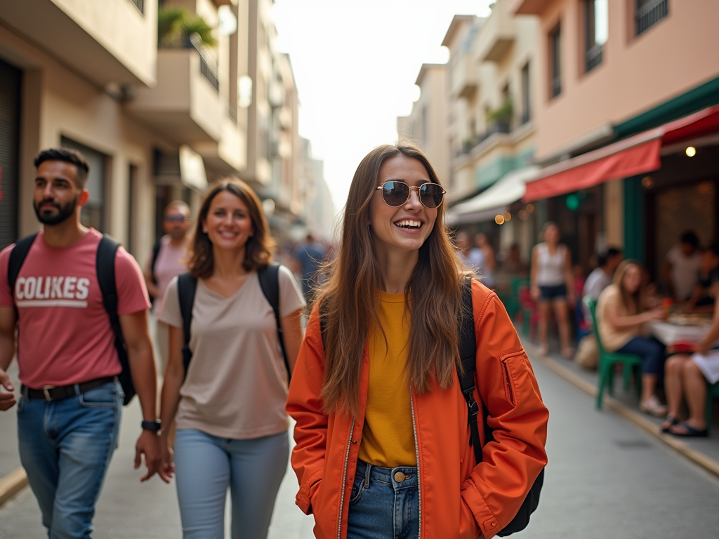 Group of four friends walking and smiling in a busy street, woman in orange jacket in the foreground.