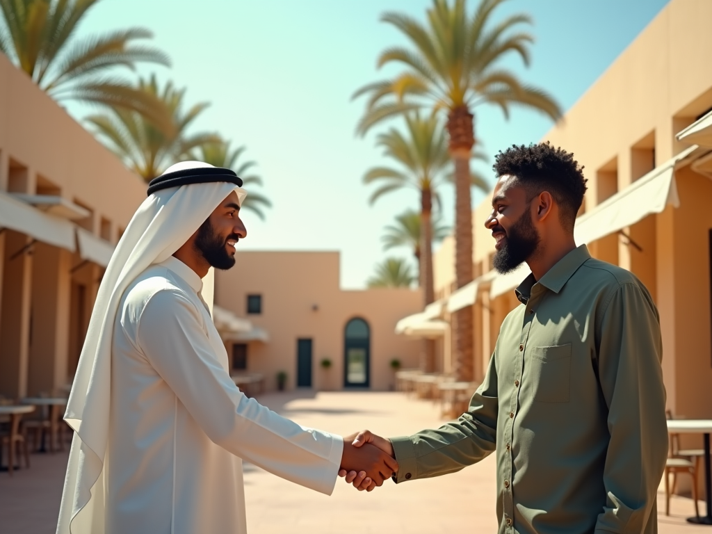 Two men shaking hands in a sunny courtyard with palm trees. One man wears traditional Emirati attire, the other a shirt.