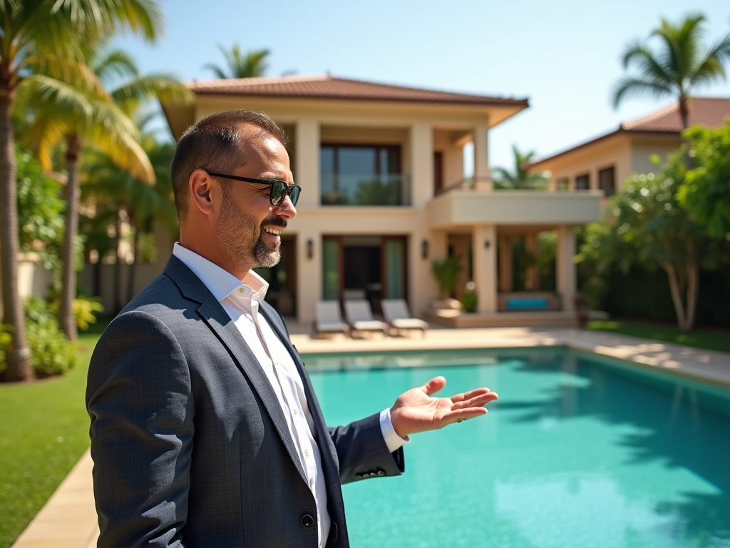 A man in a suit stands by a pool, smiling and gesturing towards a modern house with palm trees around.