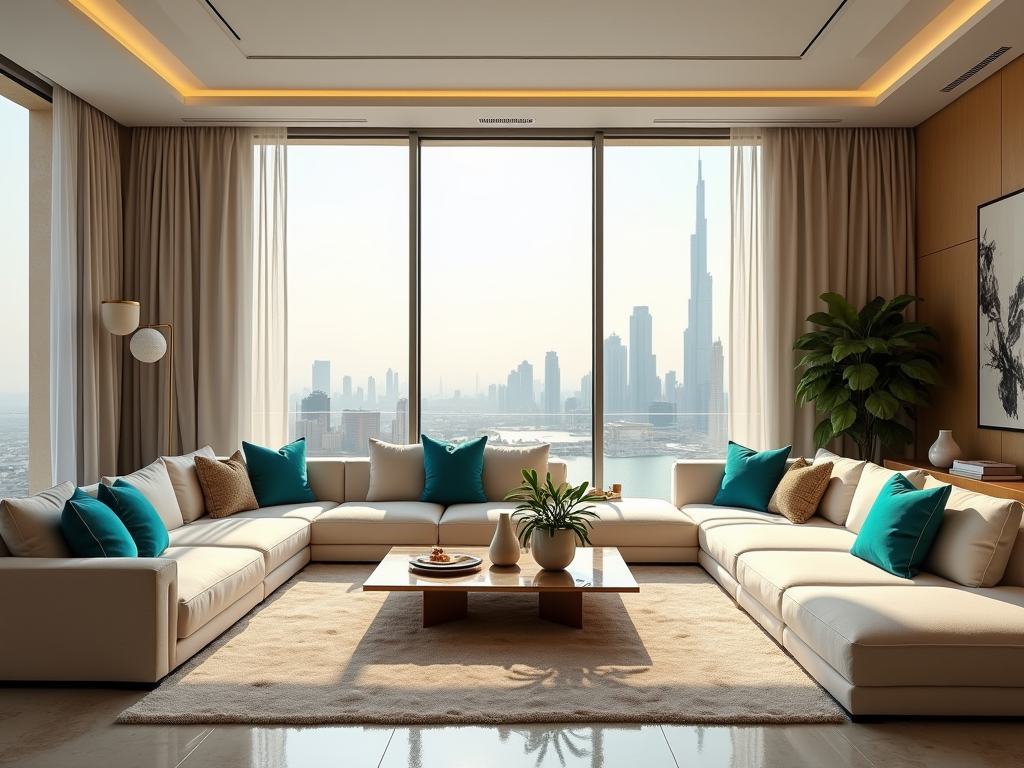 A spacious, modern living room with large windows featuring a city skyline view and stylish furnishings.