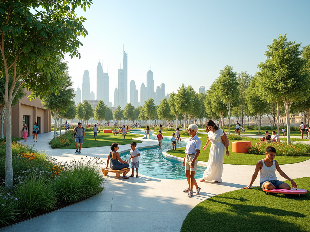 A vibrant park scene with people enjoying the outdoors, featuring greenery, pathways, and a skyline in the background.