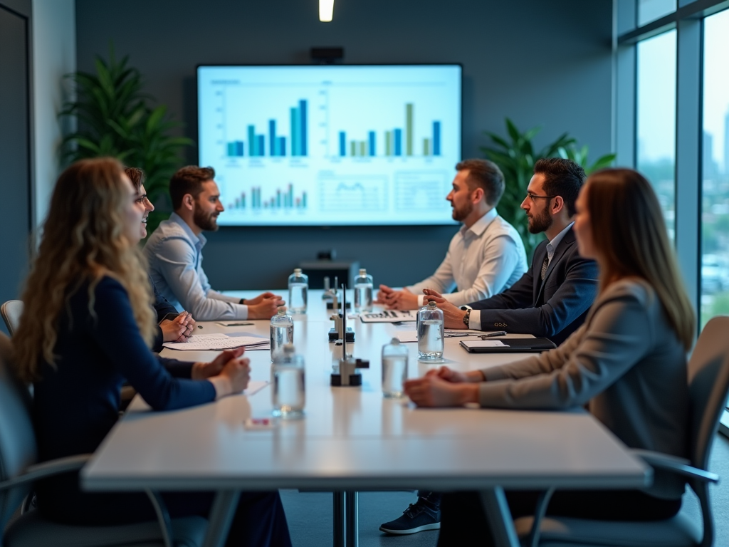 Professionals engaging in a meeting with a presentation on financial performance.