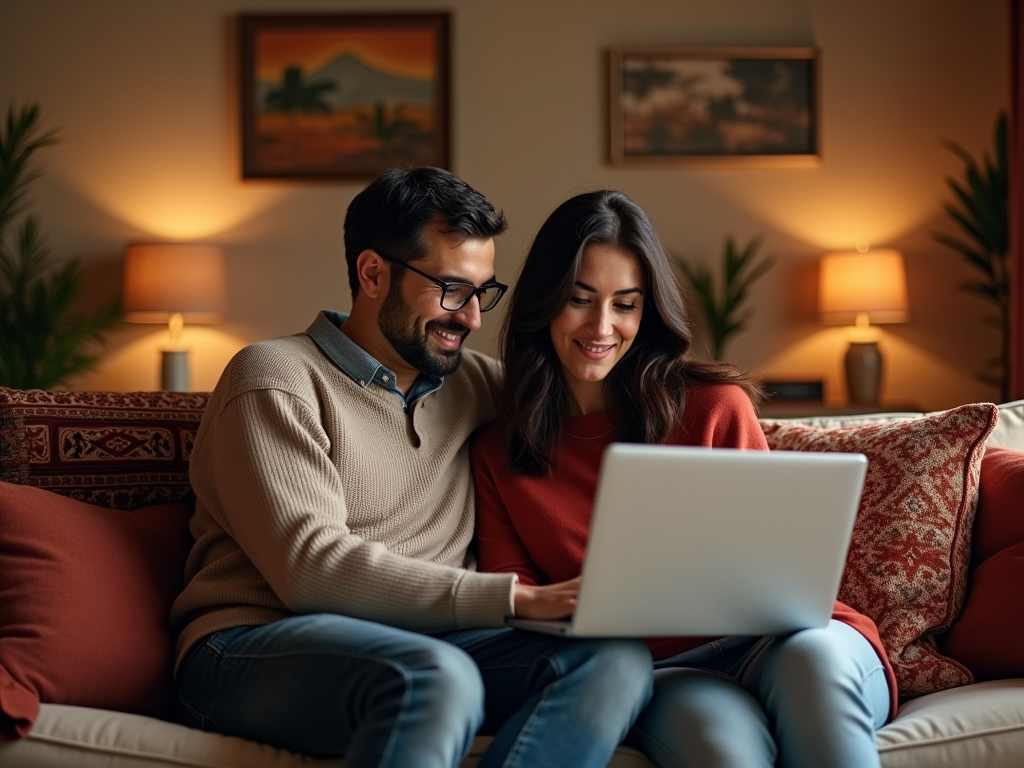 A couple sits closely on a couch, smiling at a laptop in a warmly lit room with decorative pillows.