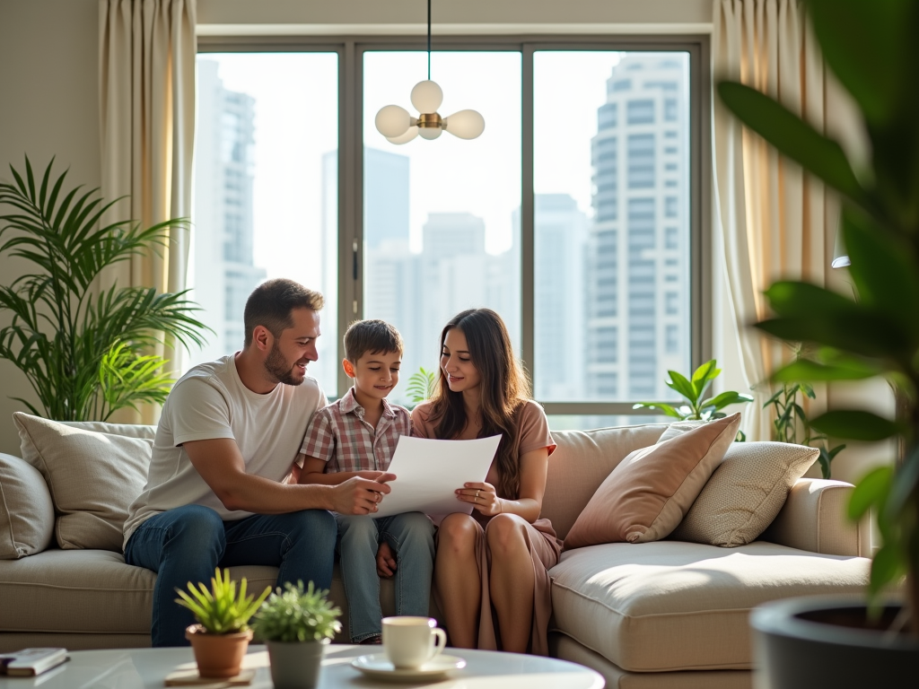 Family with young boy reviewing a document in a sunlit living room with city view.