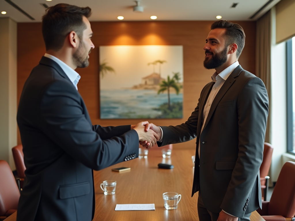 Two businessmen shaking hands in a boardroom with a tropical painting in the background.