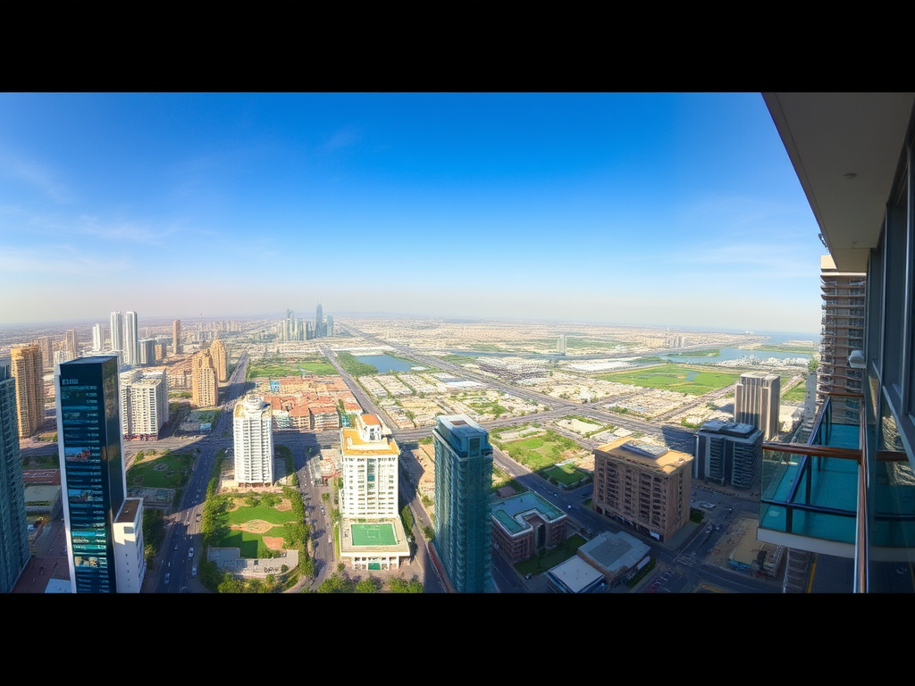 A panoramic view of a city skyline with modern buildings and green spaces under a clear blue sky.