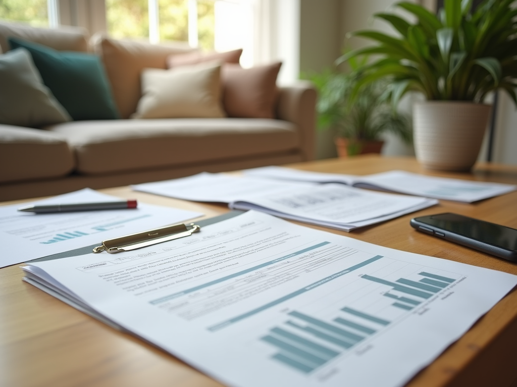 A focused view of documents with graphs and a clipboard on a wooden table in a cozy living room setting.